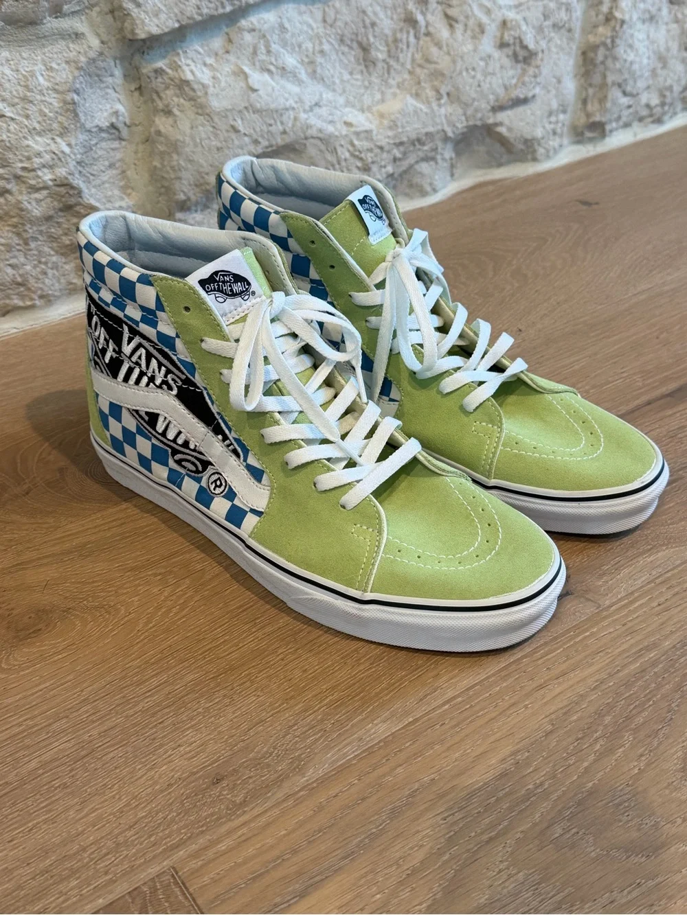 Vans Lime Green Suede High-Top Sneakers with Blue Checkerboard